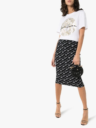 Shop Versace Gv Signature Print Pencil Skirt In Black