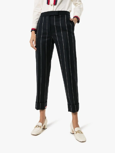 Shop Thom Browne Striped Wool Cropped Trousers In Blue