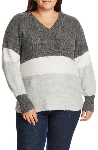 Shop 1.state Stripe V-neck Tunic Sweater In Medium Heather Grey