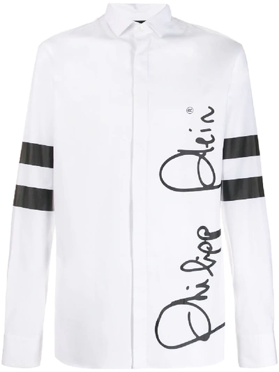 Shop Philipp Plein Signature Print Spread Collar Shirt In White