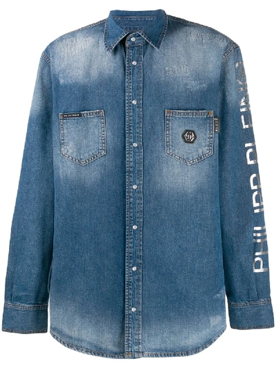 Shop Philipp Plein Logo Denim Shirt In Blue