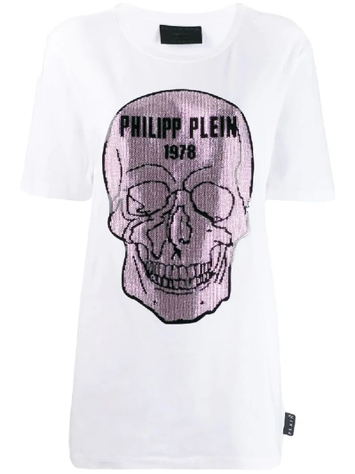 Shop Philipp Plein Skull T-shirt Dress In 0103 White / Rose