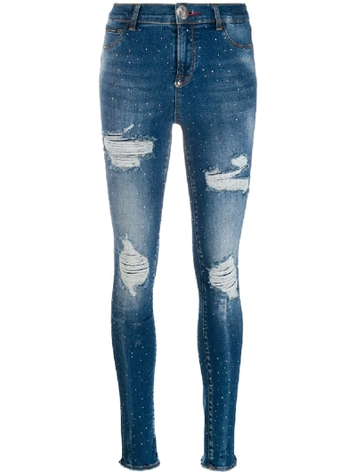 Shop Philipp Plein Crystal Embellished Skinny Jeans In Blue