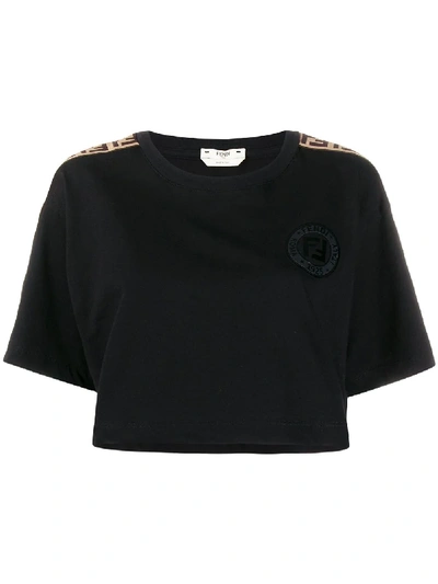 Shop Fendi Cropped Logo-trimmed T-shirt In Black