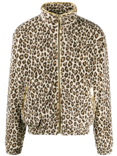 Shop Noon Goons Leopard Print Fleece Bomber Jacket In Neutrals