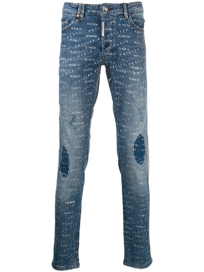 Shop Philipp Plein Logo Print Slim-fit Jeans In Blue