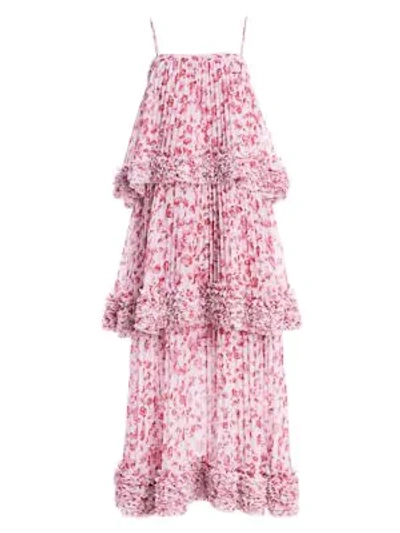 Shop Amur Nicola Tiered Midi Dress In Frozen Rose Pressed Floral