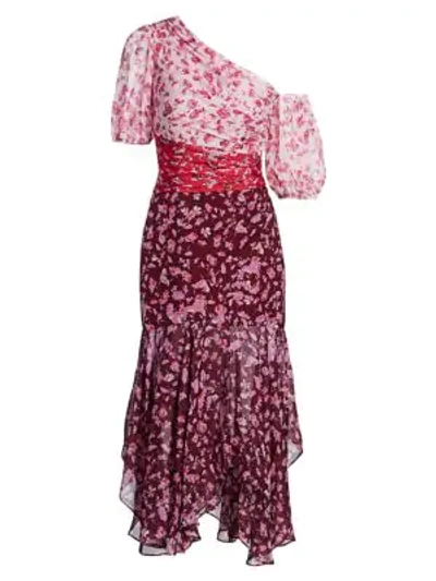Shop Amur Floral Asymmetrical Midi Dress In Rose Multi