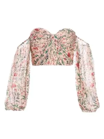 Shop Amur Helena Off-the-shoulder Puff-sleeve Silk Top In Blush Multi