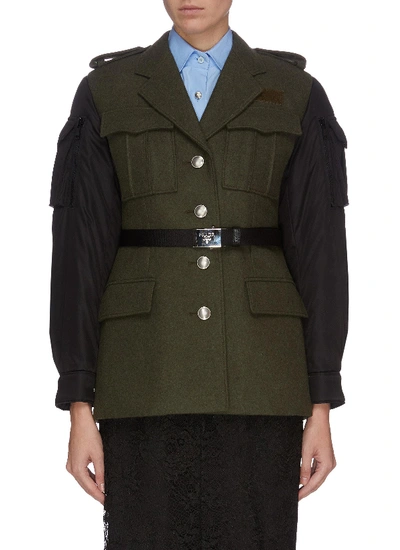 Shop Prada Belted Nylon Sleeve Panelled Military Jacket