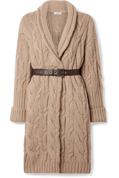 Shop Brunello Cucinelli Oversized Belted Cable-knit Cashmere Cardigan In Camel