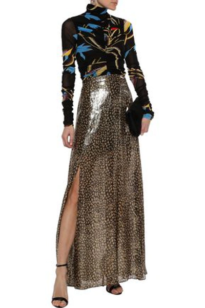 Shop Alice And Olivia Athena Printed Silk-blend Lamé Maxi Skirt In Gold