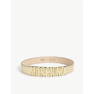 Shop Moschino Crystal Logo Leather Belt In Gold