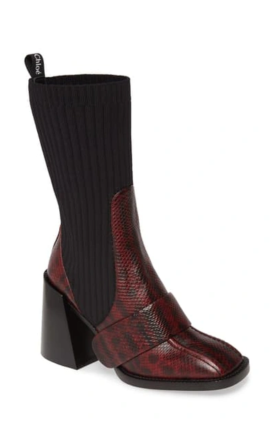 Shop Chloé Bea Snake Embossed Half Sock Boot In Dahlia Red