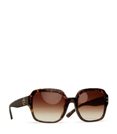 Shop Tory Burch Oversized Square Logo Sunglasses In Dk Tortoise