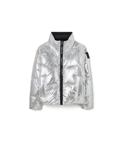 Shop Tory Burch Reversible Metallic Down Jacket In Silver/perfect Black