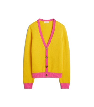 Shop Tory Burch Color-block Cashmere Cardigan In Lemon Drop/fire Pink