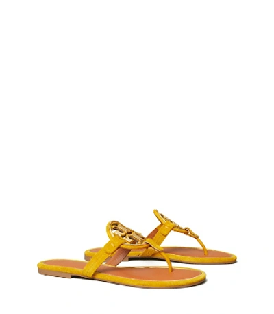 Shop Tory Burch Miller Metal-logo Sandals, Suede In Goldfinch / Gold