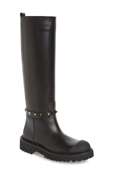 Shop Valentino Rockstud Lug Rain Boot In Black