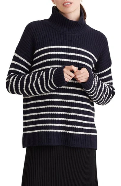 Shop Alex Mill Seattle Stripe Mock Neck Merino Wool & Cashmere Sweater In Navy/ Ivory