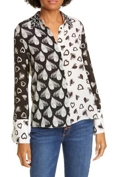 Shop Alice And Olivia Willa Sketched Hearts Silk Blouse In Falling Heart/ Combo