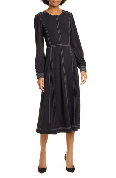 Shop Tory Burch Pleat Detail Long Sleeve Crepe Dress In Black