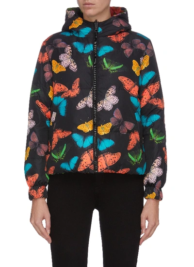 Shop Alice And Olivia 'durham' Butterfly Print Reversible Hooded Puffer Jacket In Multi-colour