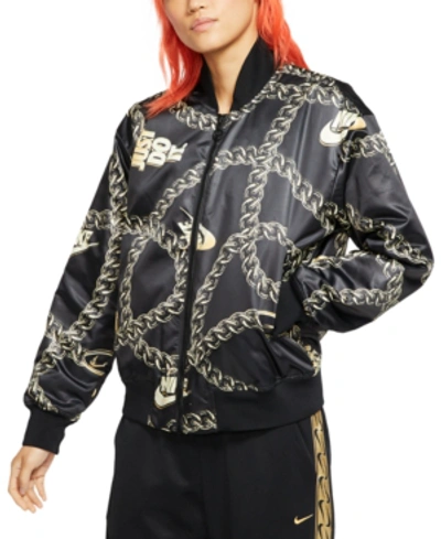 Shop Nike Women's Sportswear Printed Satin Bomber Jacket In Black
