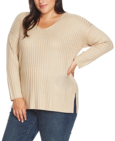 Shop Vince Camuto Plus Size Metallic Ribbed Sweater In Flax Heather