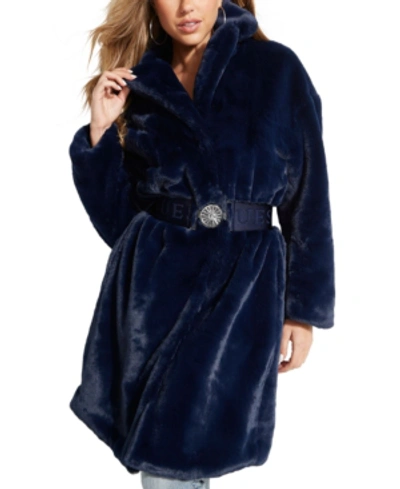 Guess Belted Faux Fur Coat In Blue Jam | ModeSens