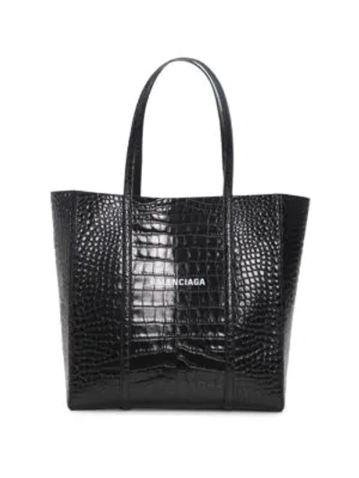 Shop Balenciaga Small Everyday Croc-embossed Leather Tote In Black