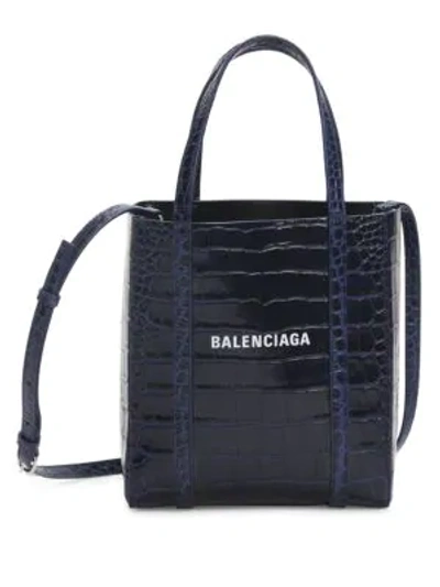 Shop Balenciaga Extra Extra-small Everyday Croc-embossed Leather Tote In Indigo