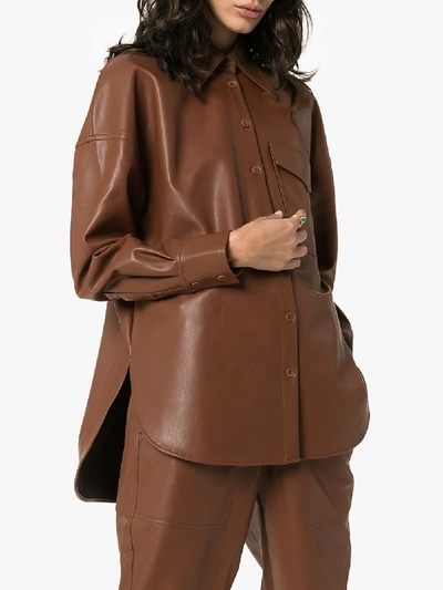 Shop Tibi Utility Pocket Faux Leather Shirt In Brown
