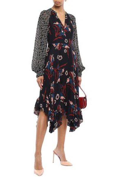 Shop Joie Morley Asymmetric Georgette-paneled Floral-print Silk-crepe Midi Dress In Black
