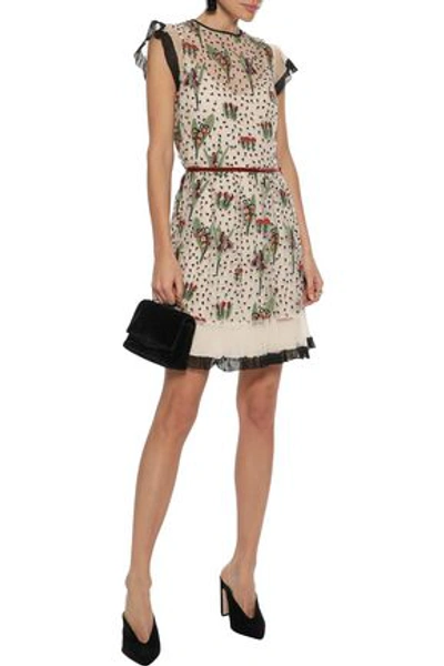 Shop Red Valentino Chiffon-trimmed Embroidered Tulle Mini Dress In Beige