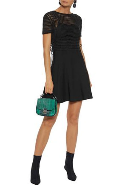 Shop Red Valentino Lace-up Crochet And Stretch-knit Cotton Mini Dress In Black