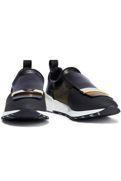 Shop Sergio Rossi Sr1 Embellished Leather And Coated-mesh Slip-on Sneakers In Black