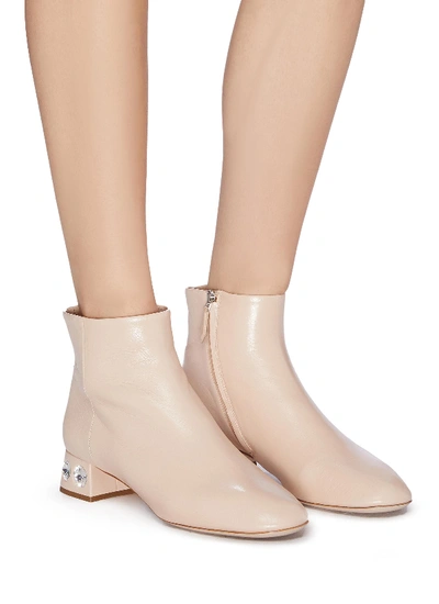 Shop Miu Miu Crystal Embellished Heel Leather Ankle Booties