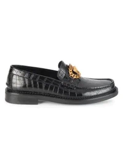 Shop Versace Medusa Matte Leather Loafers In Black Gold