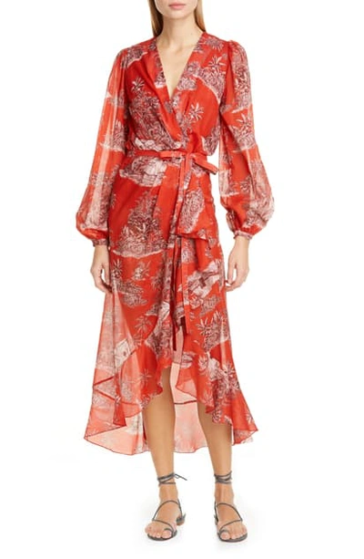 Shop Johanna Ortiz Toile Palm Print Long Sleeve Cover-up Wrap In Chili Pepper/ Sangria