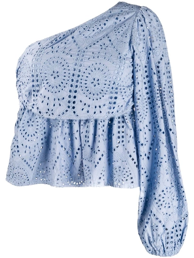 Shop Ganni One-shoulder Broderie Anglaise Blouse In Blue