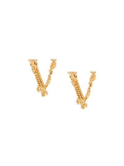 Shop Versace Virtus Embossed Earrings In Gold