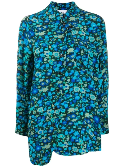 Shop Ganni Floral-print Asymmetric Shirt In Blue