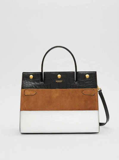 Shop Burberry Small Panelled Leather, Suede And Deerskin Title Bag In White/maple