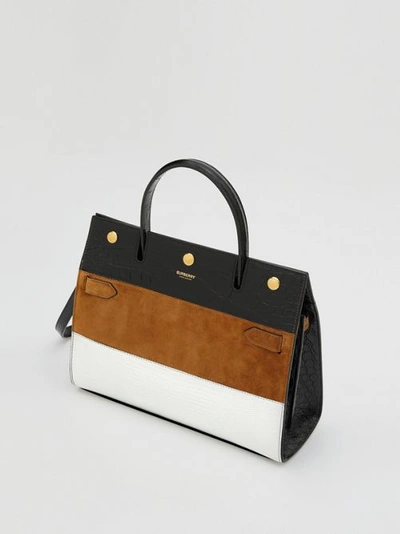 Shop Burberry Small Panelled Leather, Suede And Deerskin Title Bag In White/maple