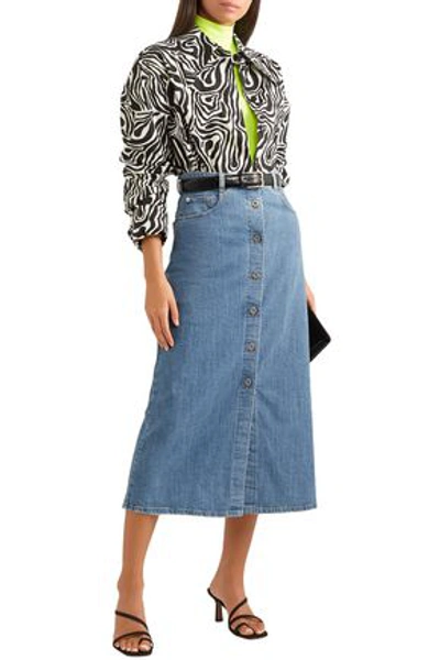 Shop Miu Miu Woman Cord-detailed Faded Denim Midi Skirt Mid Denim