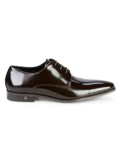 Shop Versace Patent Leather Derby Shoes In Brown