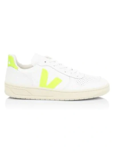 Shop Veja V-10 Neon Leather Low-top Sneakers In Extra White