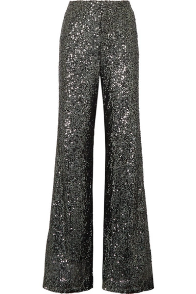 Shop Alice And Olivia Dylan Sequined Tulle Wide-leg Pants In Anthracite