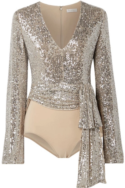 Shop Reem Acra Tie-front Sequin-embellished Tulle And Stretch-jersey Bodysuit In Silver